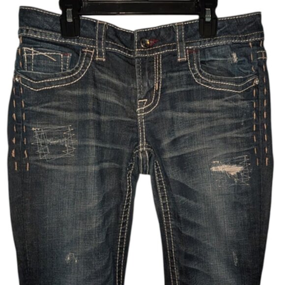 MEK DNM Denim Buckle Dark Wash Rhinestone Pocket Saka Slim Boot Cut Jeans Tall - Picture 6 of 7